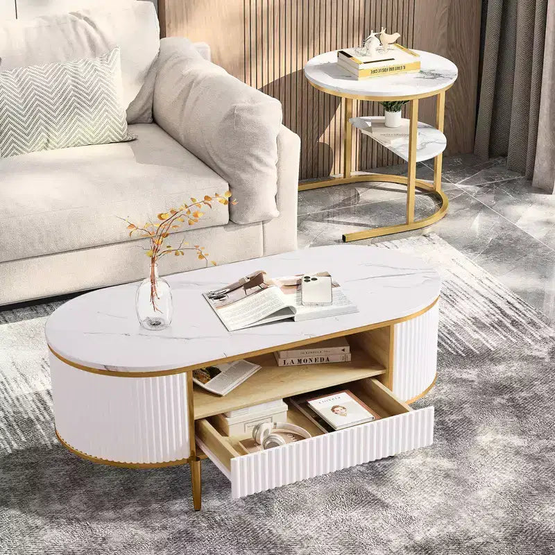 Table basse ovale moderne de 122 cm avec plateau en faux marbre et tiroir, table basse avec rangement et profil incurvé