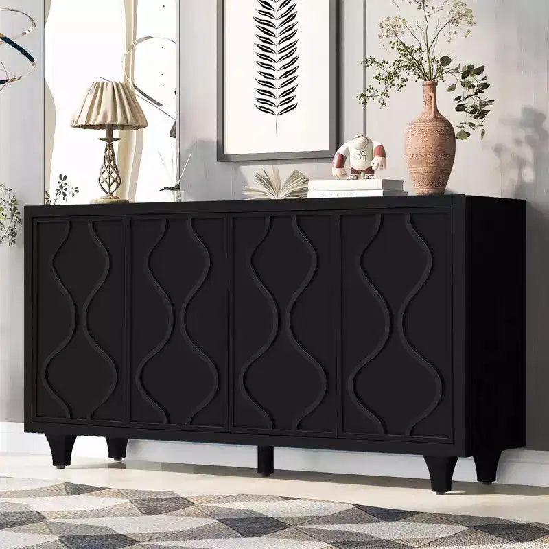 Buffet Okak en bois, Meuble de rangement avec portes incurvées en relief, Console pour Cuisine, Salon, Bureau