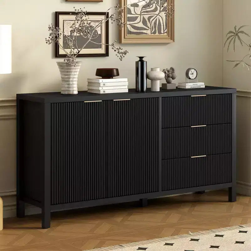 Buffet Okak en bois, Meuble de rangement avec portes incurvées en relief, Console pour Cuisine, Salon, Bureau
