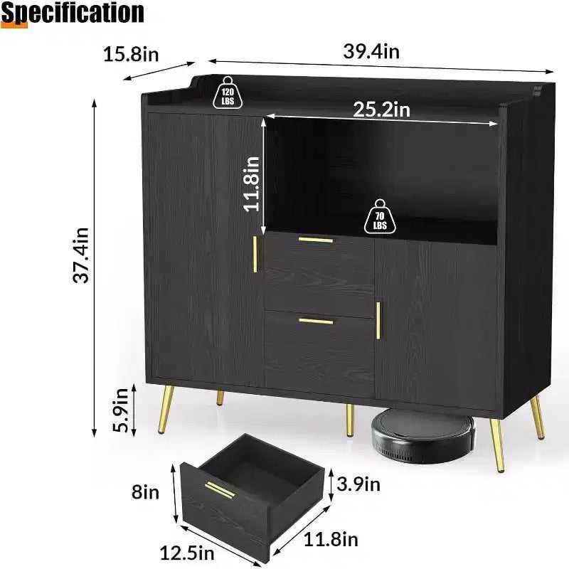 Buffet de rangement moderne, 2 portes et 2 tiroirs, 99 cm de large, station de café compacte pour cuisine, salon, salle à manger