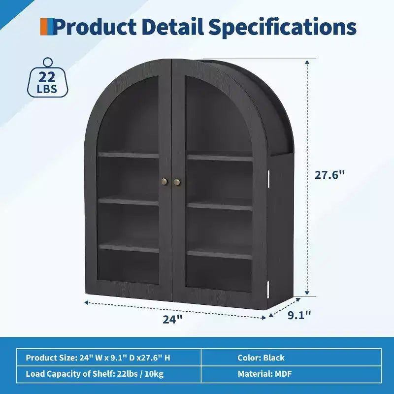 Meuble haut de salle de bain mural avec portes vitrées, organisateur de rangement à 4 niveaux en forme d'arche, armoire à pharmacie avec étagère réglable, 61 x 71 x 23 cm (l x H x P)