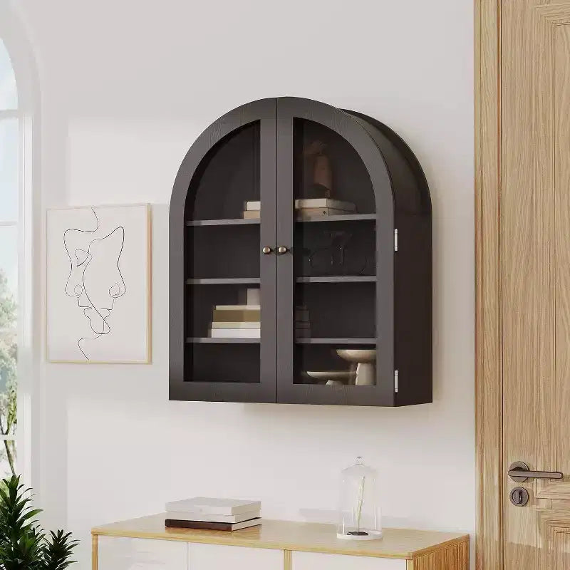 Meuble haut de salle de bain mural avec portes vitrées, organisateur de rangement à 4 niveaux en forme d'arche, armoire à pharmacie avec étagère réglable, 61 x 71 x 23 cm (l x H x P)