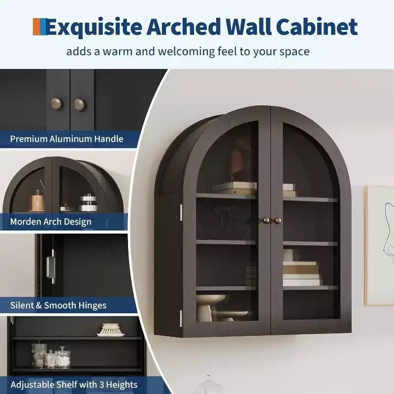 Meuble haut de salle de bain mural avec portes vitrées, organisateur de rangement à 4 niveaux en forme d'arche, armoire à pharmacie avec étagère réglable, 61 x 71 x 23 cm (l x H x P)