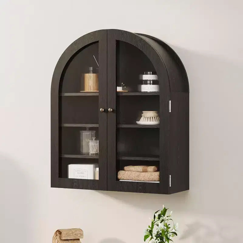 Meuble haut de salle de bain mural avec portes vitrées, organisateur de rangement à 4 niveaux en forme d'arche, armoire à pharmacie avec étagère réglable, 61 x 71 x 23 cm (l x H x P)