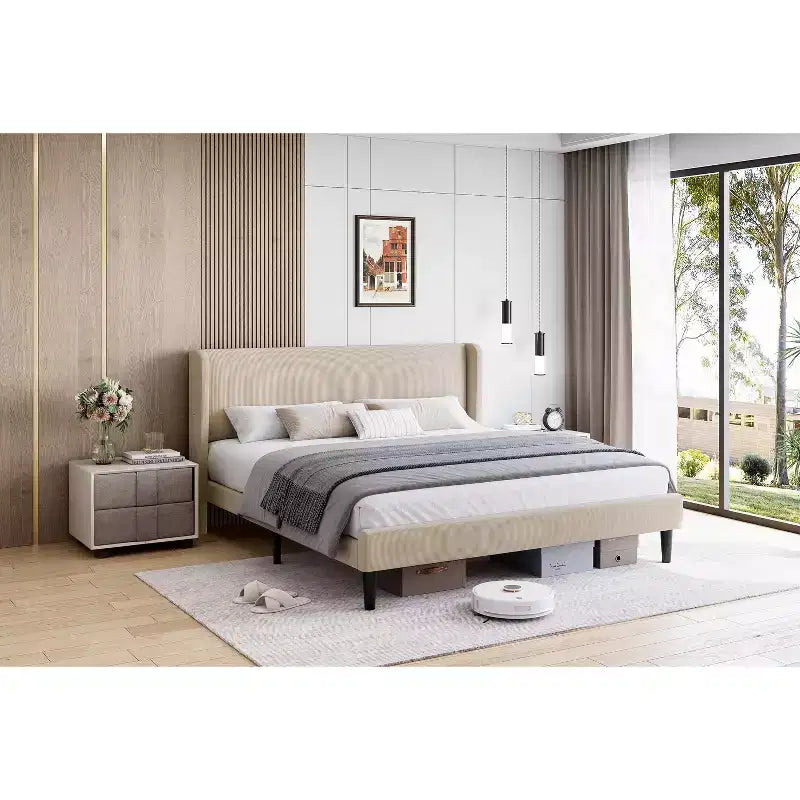 Bed Frame with Wingback Headboard, Velvet Upholstery Platform Bed,No Box Spring Needed