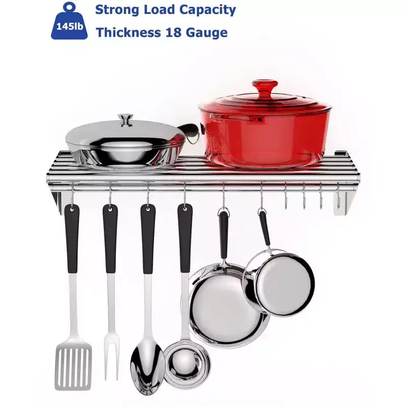 Étagère murale en acier inoxydable certifiée NSF, support de cuisine en métal avec 10 crochets en S pour un rangement et une organisation pratiques des casseroles et poêles