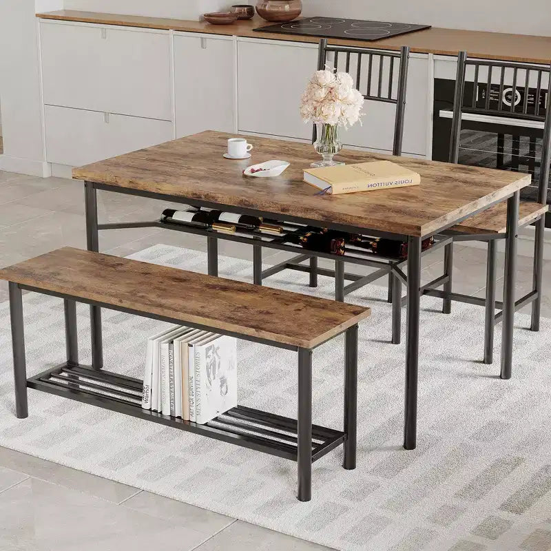Ensemble repas industriel 4 pièces - Table, 2 chaises et banc avec cadre en métal et étagère de rangement pour petits espaces