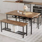 Ensemble repas industriel 4 pièces - Table, 2 chaises et banc avec cadre en métal et étagère de rangement pour petits espaces