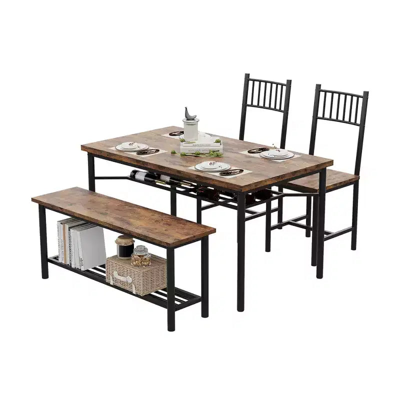 Ensemble repas industriel 4 pièces - Table, 2 chaises et banc avec cadre en métal et étagère de rangement pour petits espaces