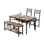 Ensemble repas industriel 4 pièces - Table, 2 chaises et banc avec cadre en métal et étagère de rangement pour petits espaces