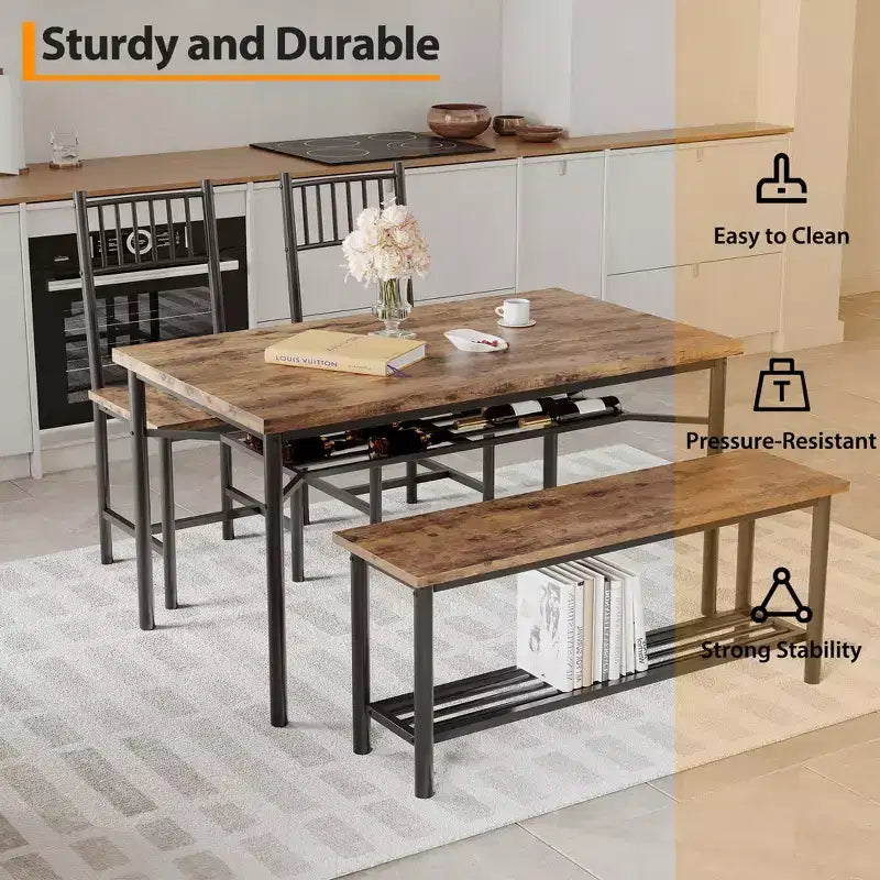 Ensemble repas industriel 4 pièces - Table, 2 chaises et banc avec cadre en métal et étagère de rangement pour petits espaces
