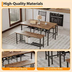Ensemble repas industriel 4 pièces - Table, 2 chaises et banc avec cadre en métal et étagère de rangement pour petits espaces