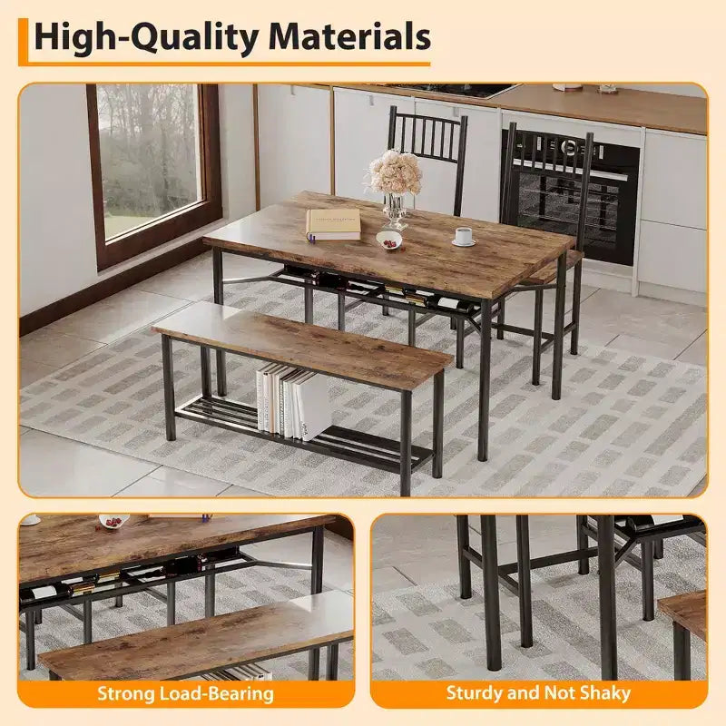 Ensemble repas industriel 4 pièces - Table, 2 chaises et banc avec cadre en métal et étagère de rangement pour petits espaces