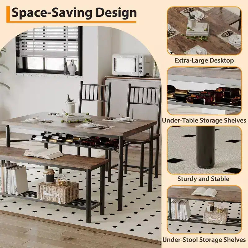 Ensemble repas industriel 4 pièces - Table, 2 chaises et banc avec cadre en métal et étagère de rangement pour petits espaces