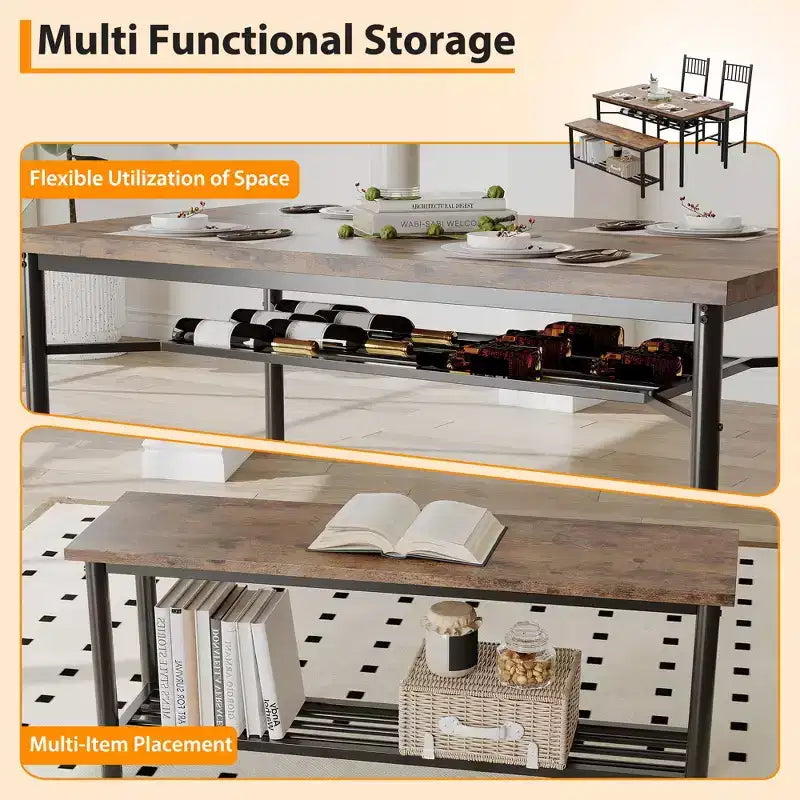 Ensemble repas industriel 4 pièces - Table, 2 chaises et banc avec cadre en métal et étagère de rangement pour petits espaces