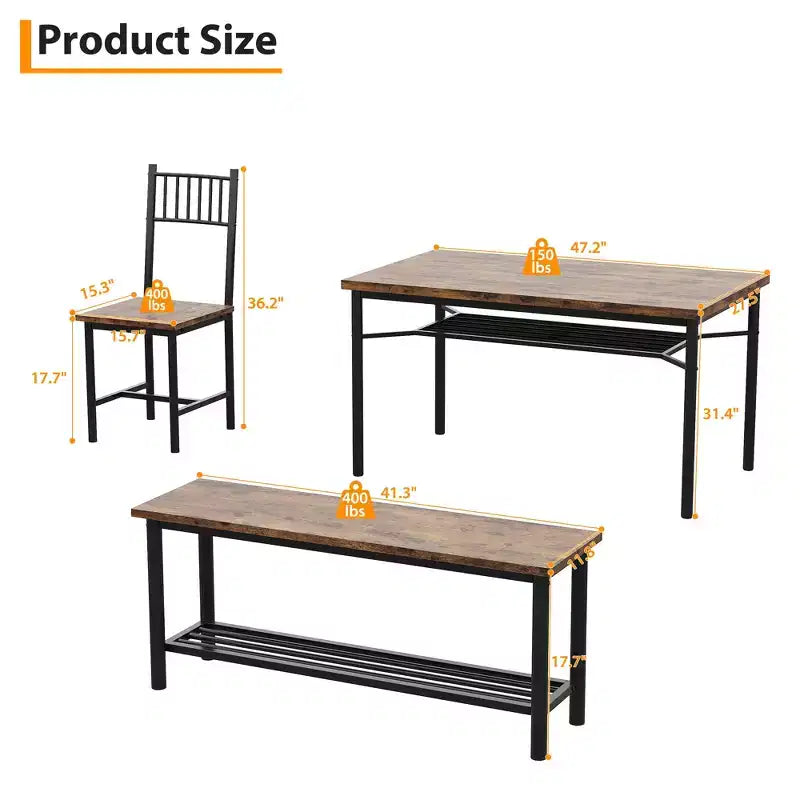 Ensemble repas industriel 4 pièces - Table, 2 chaises et banc avec cadre en métal et étagère de rangement pour petits espaces
