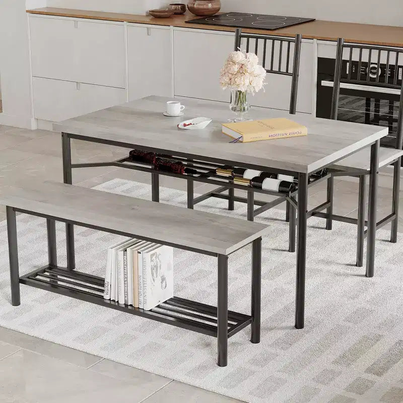 Ensemble repas industriel 4 pièces - Table, 2 chaises et banc avec cadre en métal et étagère de rangement pour petits espaces