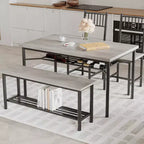 Ensemble repas industriel 4 pièces - Table, 2 chaises et banc avec cadre en métal et étagère de rangement pour petits espaces