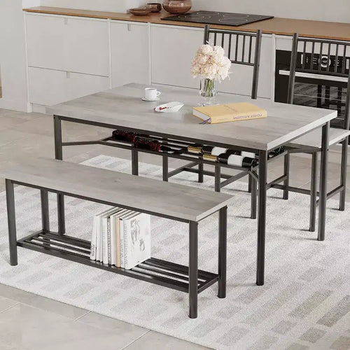 Ensemble repas industriel 4 pièces - Table, 2 chaises et banc avec cadre en métal et étagère de rangement pour petits espaces