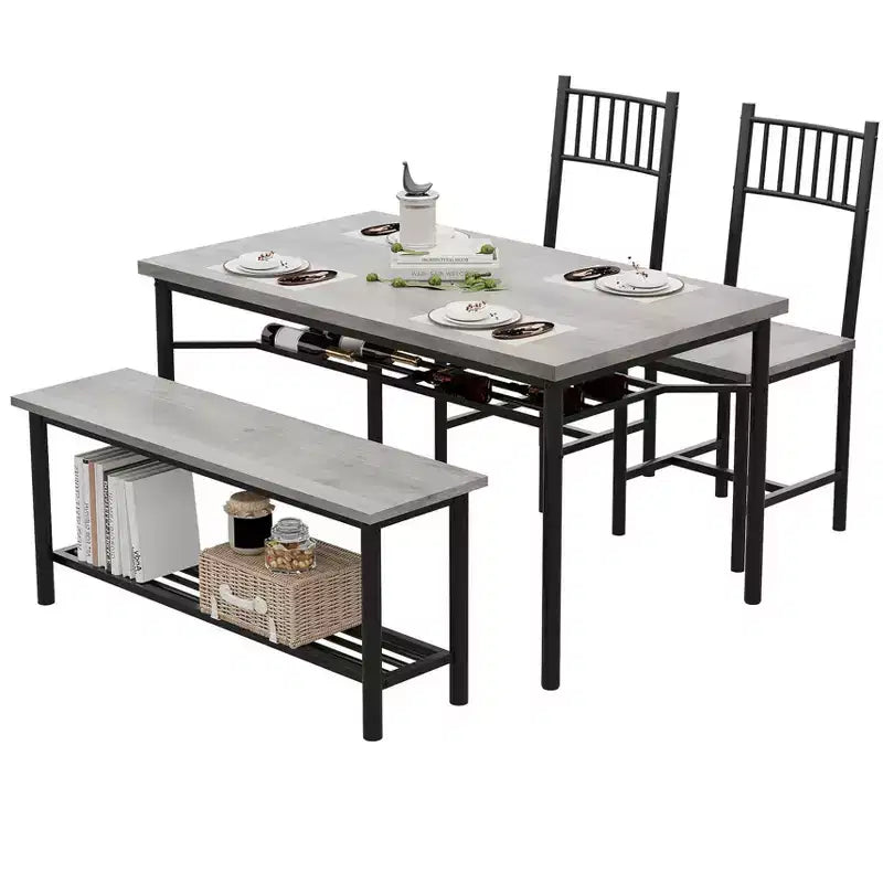 Ensemble repas industriel 4 pièces - Table, 2 chaises et banc avec cadre en métal et étagère de rangement pour petits espaces