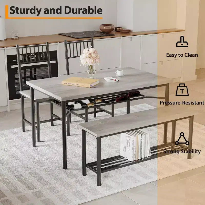 Ensemble repas industriel 4 pièces - Table, 2 chaises et banc avec cadre en métal et étagère de rangement pour petits espaces