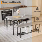 Ensemble repas industriel 4 pièces - Table, 2 chaises et banc avec cadre en métal et étagère de rangement pour petits espaces