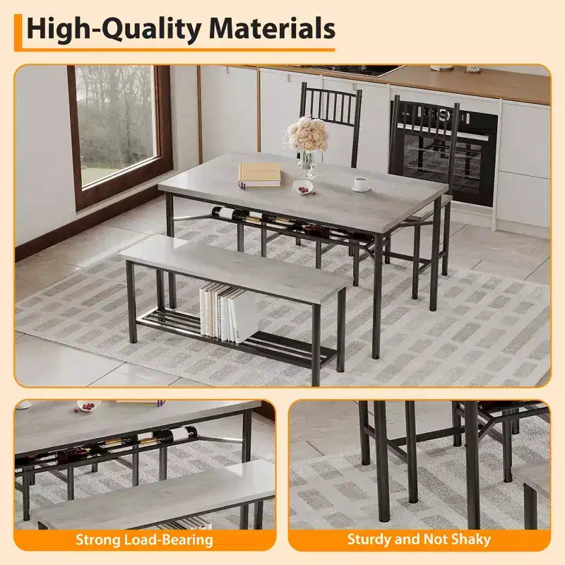 Ensemble repas industriel 4 pièces - Table, 2 chaises et banc avec cadre en métal et étagère de rangement pour petits espaces