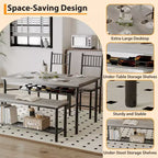 Ensemble repas industriel 4 pièces - Table, 2 chaises et banc avec cadre en métal et étagère de rangement pour petits espaces
