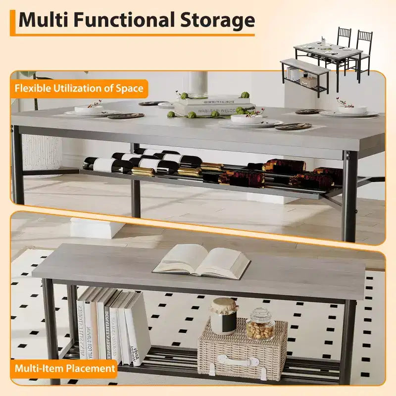 Ensemble repas industriel 4 pièces - Table, 2 chaises et banc avec cadre en métal et étagère de rangement pour petits espaces