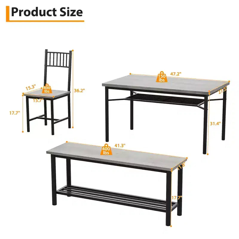 Ensemble repas industriel 4 pièces - Table, 2 chaises et banc avec cadre en métal et étagère de rangement pour petits espaces