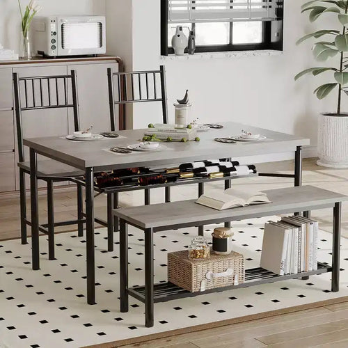 4-Piece Industrial Dining Set - Table, 2 Chairs & Bench with Metal Frame and Storage Rack for Small Spaces