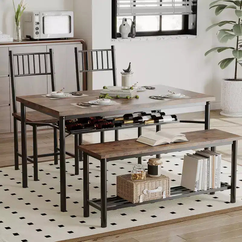 Ensemble repas industriel 4 pièces - Table, 2 chaises et banc avec cadre en métal et étagère de rangement pour petits espaces