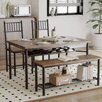 Ensemble repas industriel 4 pièces - Table, 2 chaises et banc avec cadre en métal et étagère de rangement pour petits espaces