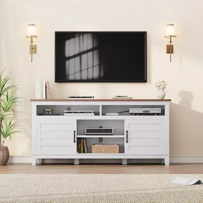Meuble TV moderne de style rustique, 65 pouces, avec console multimédia, meuble à deux portes ouvertes et 8 étagères de rangement