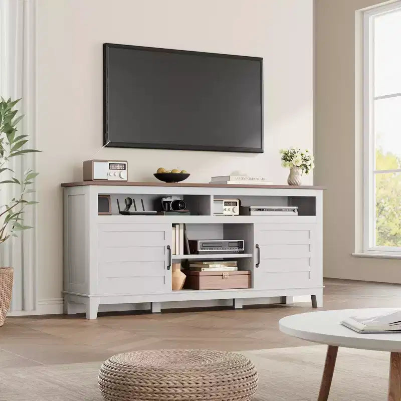 Meuble TV moderne de style rustique, 65 pouces, avec console multimédia, meuble à deux portes ouvertes et 8 étagères de rangement