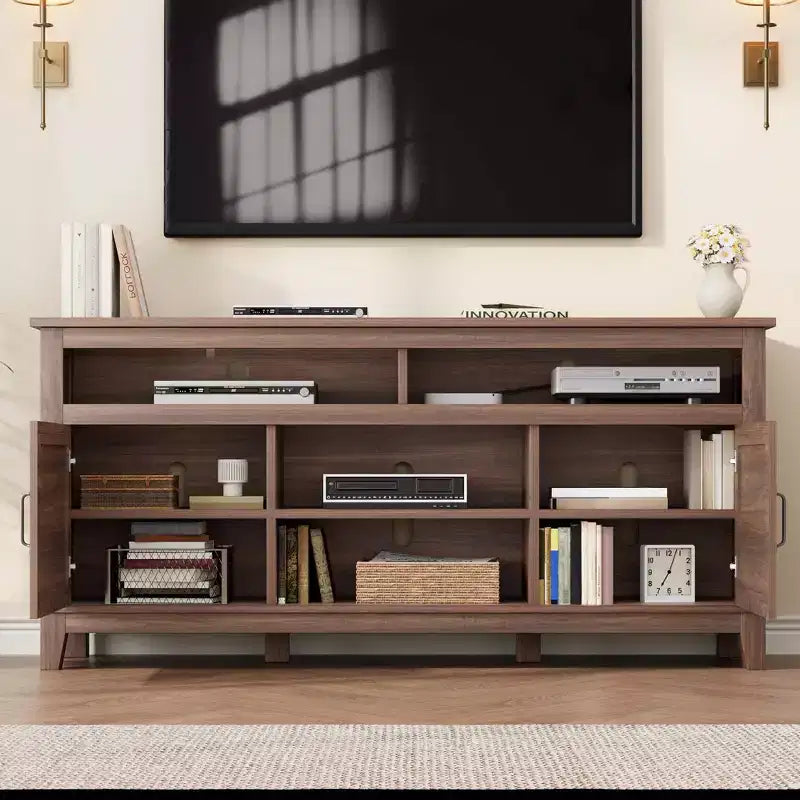 Meuble TV moderne de style rustique, 65 pouces, avec console multimédia, meuble à deux portes ouvertes et 8 étagères de rangement