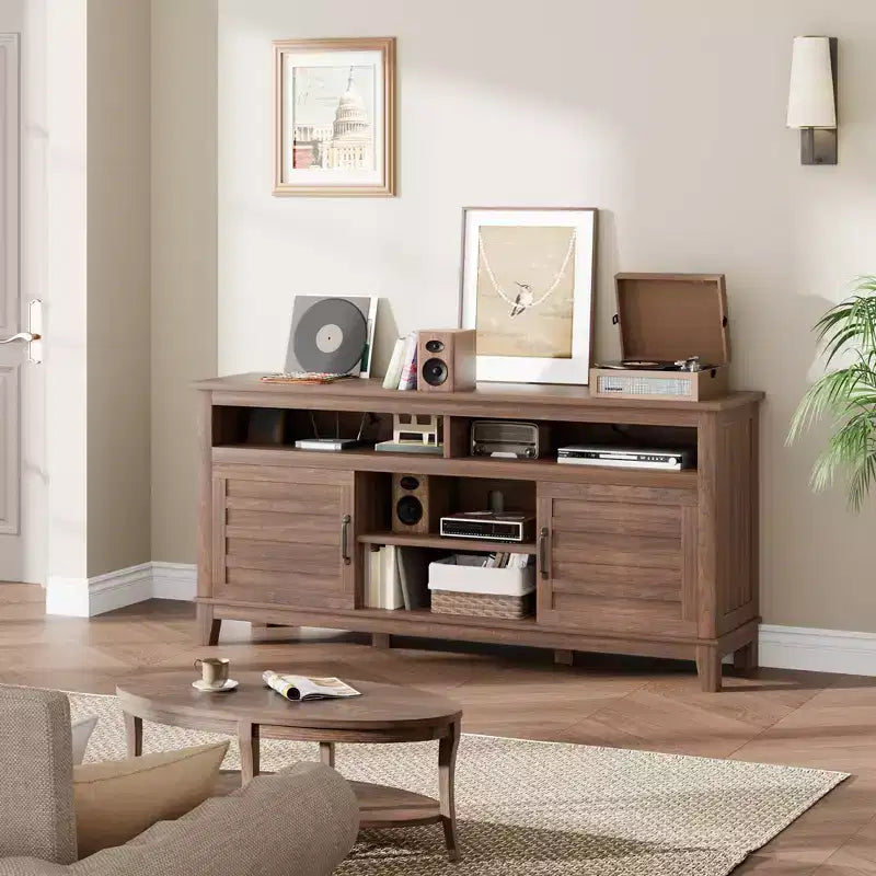 Meuble TV moderne de style rustique, 65 pouces, avec console multimédia, meuble à deux portes ouvertes et 8 étagères de rangement