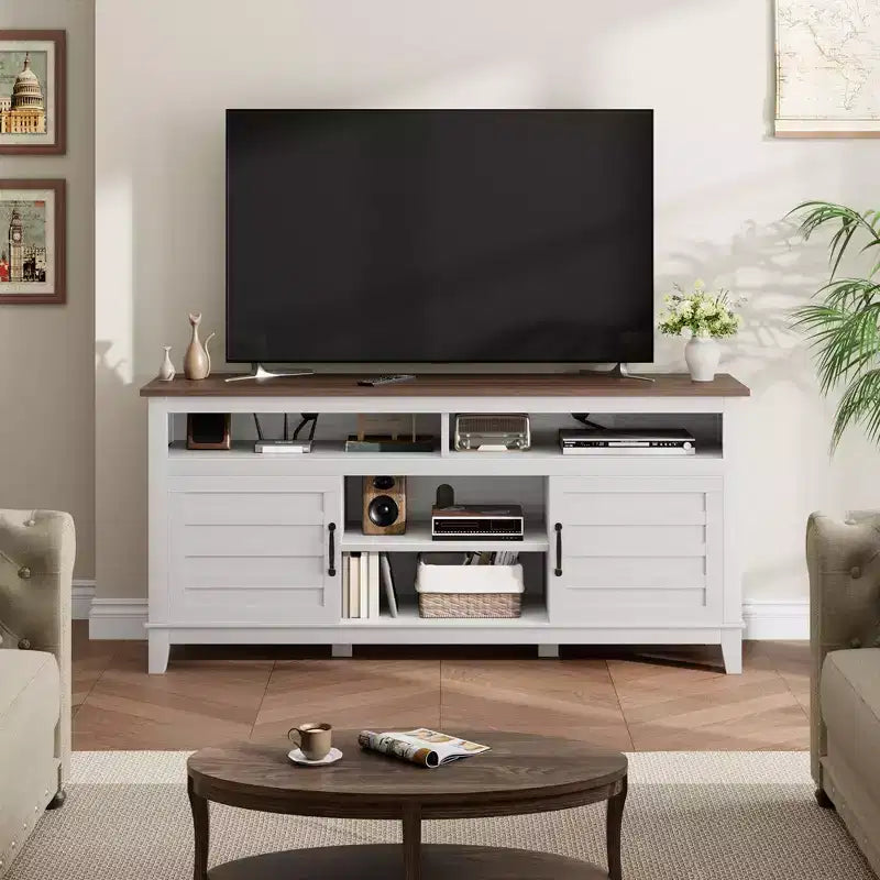Meuble TV moderne de style rustique, 65 pouces, avec console multimédia, meuble à deux portes ouvertes et 8 étagères de rangement