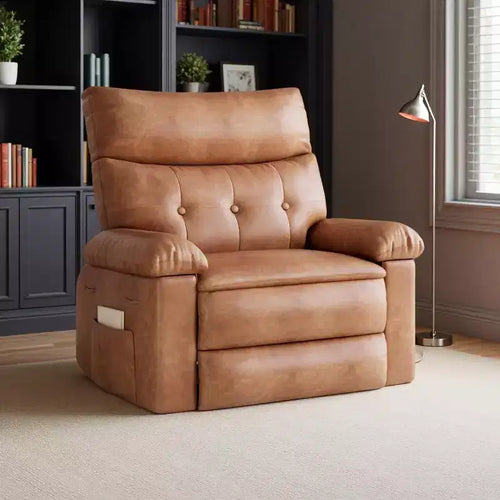 Acekool Oversized Manual Recliner Chair, Faux Leather Lounge Chair with Padded Arms, Wide Seat & Side Pocket for Living Room, Bedroom, Brown