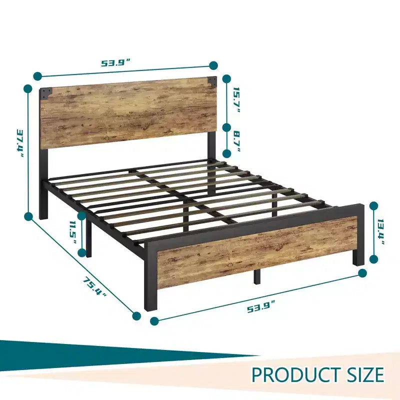 Cadre de lit avec rangement sous le lit, lit plateforme en métal avec tête de lit en bois, aucun sommier tapissier requis