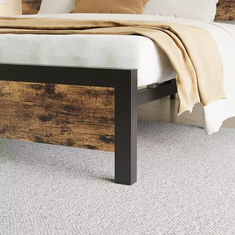 Cadre de lit avec rangement sous le lit, lit plateforme en métal avec tête de lit en bois, aucun sommier tapissier requis