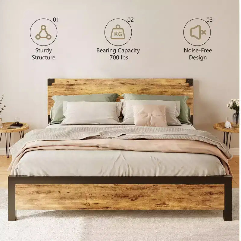 Cadre de lit avec rangement sous le lit, lit plateforme en métal avec tête de lit en bois, aucun sommier tapissier requis