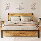 Cadre de lit avec rangement sous le lit, lit plateforme en métal avec tête de lit en bois, aucun sommier tapissier requis