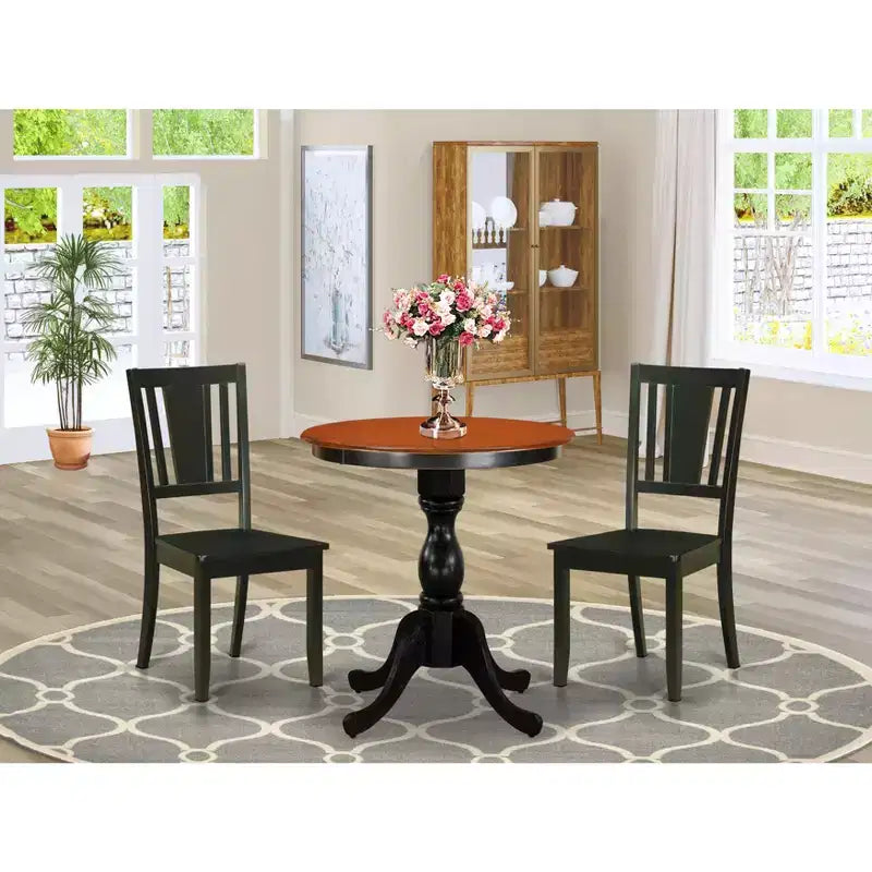 HomeStock Belmont Ensemble de salle à manger 3 pièces Mid-Century, avec table en bois et 2 chaises de salle à manger à dossier ajouré – Finition noire