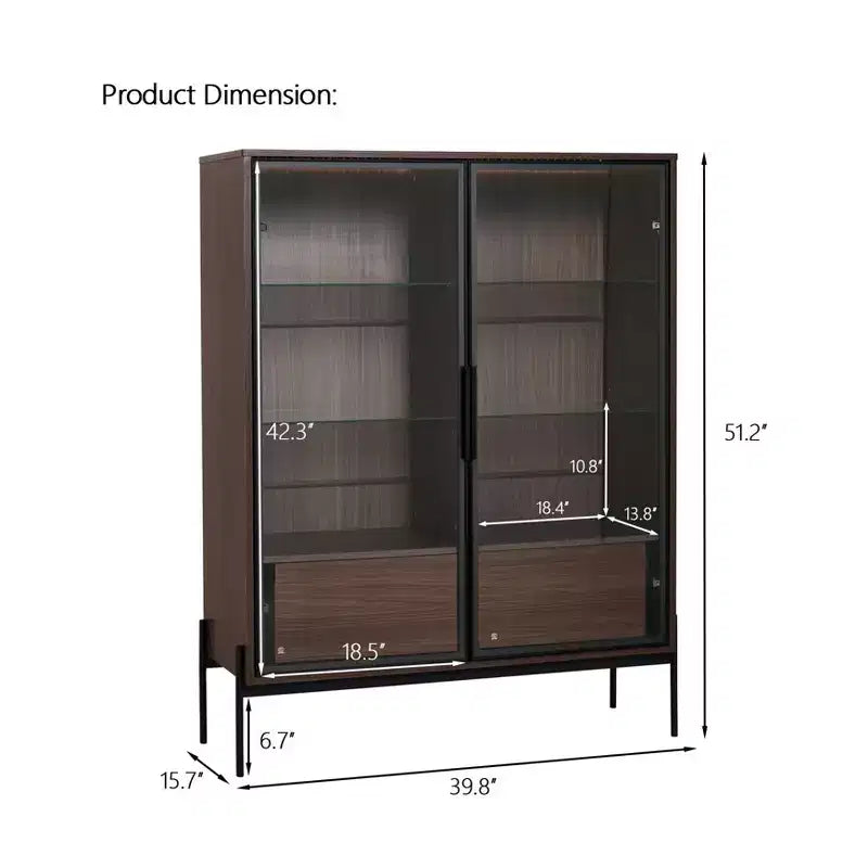 Okak Bahut autoportant avec porte vitrée et LED, vitrine 4 étagères avec 2 tiroirs pour salon cuisine
