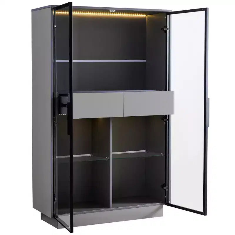 Okak Bahut autoportant avec porte vitrée et LED, vitrine 4 étagères avec 2 tiroirs pour salon cuisine