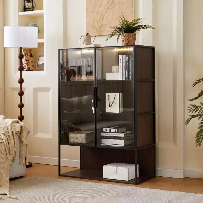 Okak Bahut autoportant avec porte vitrée et LED, vitrine 4 étagères avec 2 tiroirs pour salon cuisine