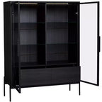Okak Bahut autoportant avec porte vitrée et LED, vitrine 4 étagères avec 2 tiroirs pour salon cuisine