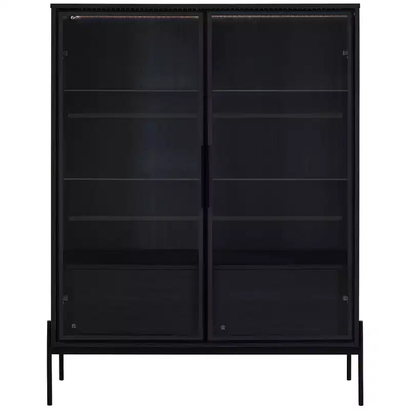 Okak Bahut autoportant avec porte vitrée et LED, vitrine 4 étagères avec 2 tiroirs pour salon cuisine