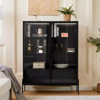 Okak Freestanding Sideboard Pantry Cabinet with Glass Door & LED, 4-Tier Display Curio Cabinet with 2 Drawers for Living Room Kitchen
